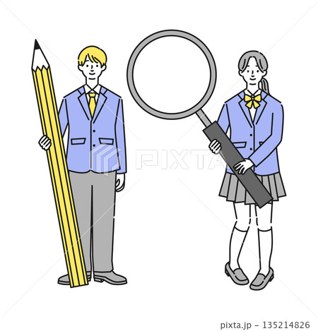 大きな鉛筆と虫眼鏡を持つ学生たちのイラスト 大きな鉛筆と虫眼鏡を持つ学生たちのイラスト 135214826
