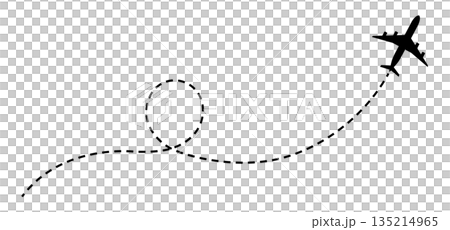 ループ状の飛行ルートと飛行機を描いたベクター素材 135214965