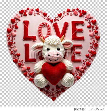 This item depicts a knitted toy in the shape of a cow sitting on a pink background in the shape of a heart with red letters 135215323