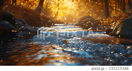 Golden Hour River Enchanting Forest Stream 135215386