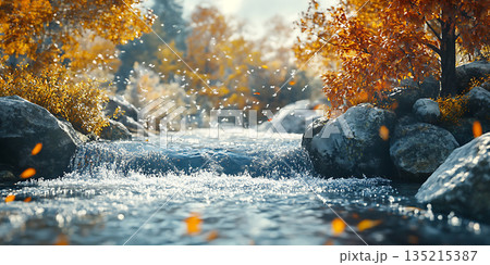 Autumn River Cascading Water Golden Leaves and Misty Forest 135215387