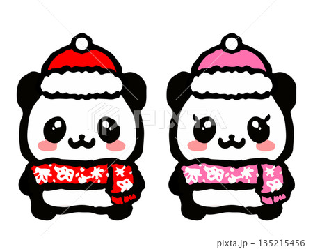 冬のマフラー姿のパンダカップルの落書きイラスト素材 135215456