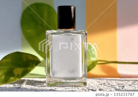 Brands perfume cosmetic bottles mockup presentation with colorful backgrounds and props. 135215787