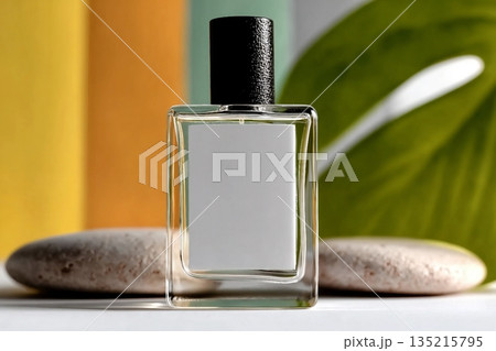 Brands perfume cosmetic bottles mockup presentation with colorful backgrounds and props. 135215795