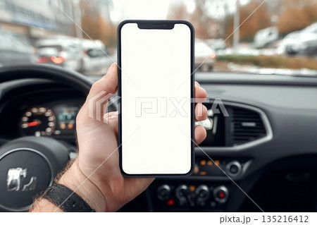Smartphone mockup, man holding mobile phone in car, selective focus 135216412