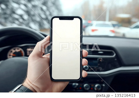 Smartphone mockup, man holding mobile phone in car, selective focus 135216413