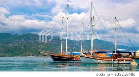Traditional wooden gulet yachts anchored in a Mediterranean bay Traditional wooden gulet yachts anchored in a Mediterranean bay 135216480
