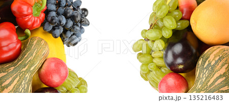 Colorful variety of seasonal fruits and vegetables isolated on white Colorful variety of seasonal fruits and vegetables isolated on white 135216483