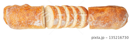 Sliced rustic white bread loaf with crust isolated on white background Sliced rustic white bread loaf with crust isolated on white background 135216730