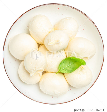 Fresh mozzarella cheese balls with basil leaf on ceramic plate isolated on white background, top view 135216731