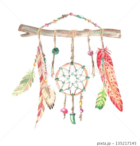 A boho-style illustration featuring red, yellow, and green feathers, beads, and weaving on a wooden triangular frame, hand-painted with watercolors on an isolated background. Simple dreamcatcher clip  135217145