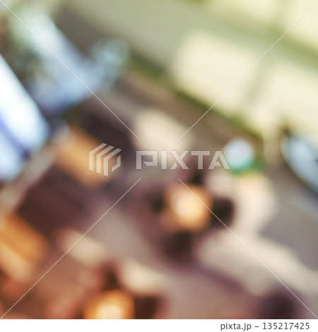 Blurred top view of urban street cafe with outdoor seating and abstract shadows 135217425