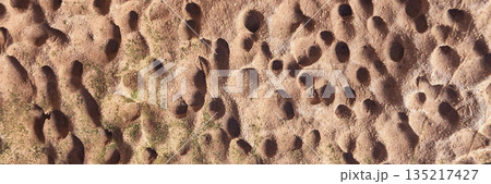 Close-up of weathered rock surface with erosion patterns and moss Close-up of weathered rock surface with erosion patterns and moss 135217427
