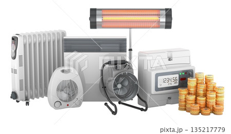 Electric heaters with power meter and stacks of coins. Energy cost and heating bills, concept. 3D rendering 135217779