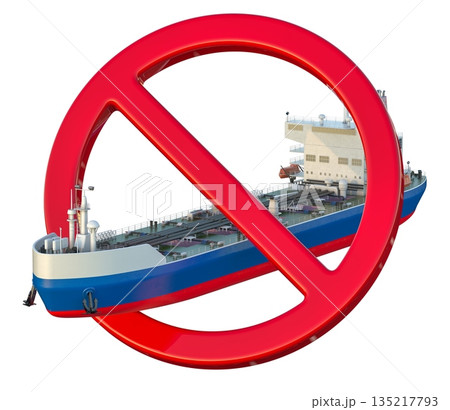 Russian oil tanker with red prohibition sign. 3D rendering Russian oil tanker with red prohibition sign. 3D rendering 135217793