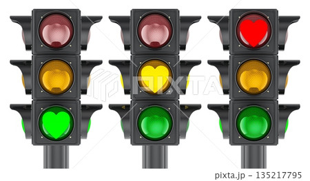 Three traffic lights with heart shaped red, yellow and green signals. 3D rendering Three traffic lights with heart shaped red, yellow and green signals. 3D rendering 135217795