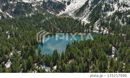 Mountain lake with snow mountains and green forest Mountain lake with snow mountains and green forest 135217898