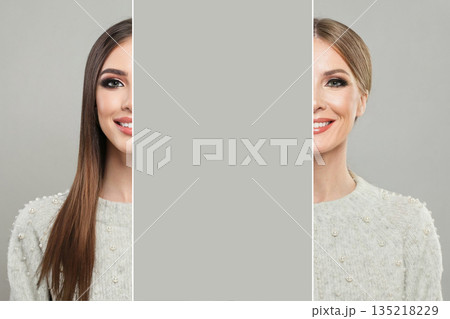 Friendly young model woman and mature woman. Two female faces collage set. Old and young face 135218229