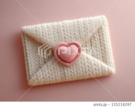 Wool envelope decorated with a pink heart laying on a pink background 135218297