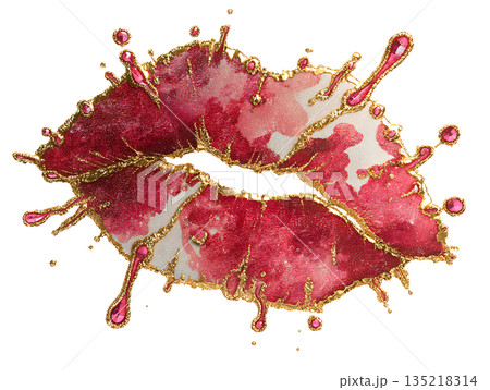 Pink lips splash with gold glitter and pink gemstones on white backdrop Pink lips splash with gold glitter and pink gemstones on white backdrop 135218314
