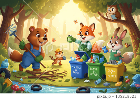 Animals cleaning and recycling waste in forest environment during daytime 135218323