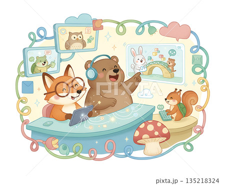 Animals collaborate during a remote work meeting in the forest office 135218324