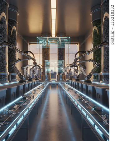 Automated recycling facility uses robotic arms for material sorting Automated recycling facility uses robotic arms for material sorting 135218332
