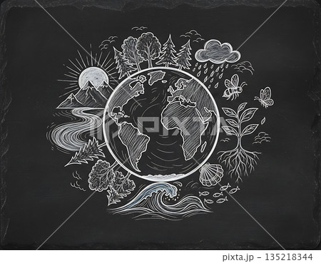 Earth day drawing of planet with nature elements on chalkboard 135218344