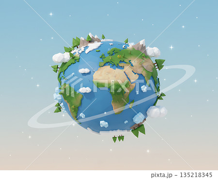 Earth day illustration featuring stylized planet with trees and mountains 135218345