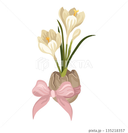 Hand-drawn spring blooming crocus flower in cracked eggshell with a bow, Easter greeting card design or seasonal decor 135218357