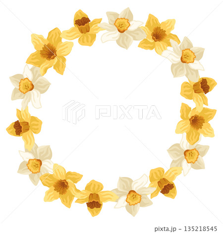 Hand-drawn floral wreath made of daffodil flowers, spring botanical round composition 135218545
