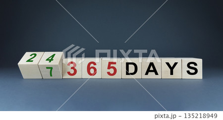 Cubes form the expression 24-7-365 days. Concept of 24-7 support 135218949