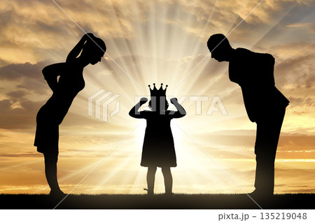 Childish selfishness. Dissatisfied parents Dad and Mom condemningly look at the selfish child girl with a crown. 135219048