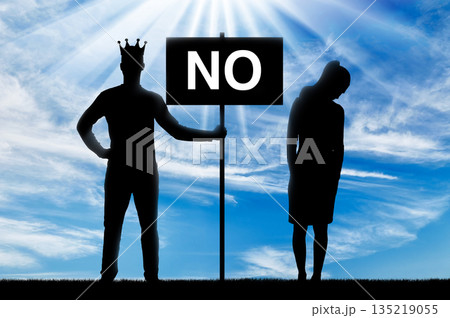 Selfishness. Selfish male boss with a crown, holding a poster with the word no and a distressed woman nearby Selfishness. Selfish male boss with a crown, holding a poster with the word no and a distressed woman nearby 135219055
