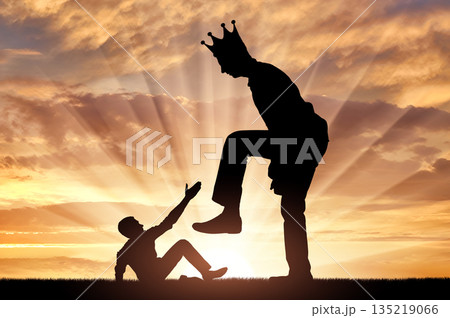 Selfishness. The big man with the crown on his head intends to destroy the little man 135219066