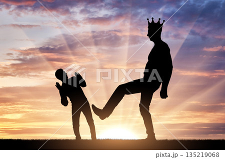 Selfishness. The big man with the crown on his head intends to kick the little man Selfishness. The big man with the crown on his head intends to kick the little man 135219068