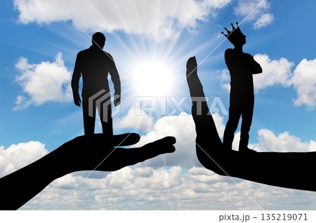 Selfishness and arrogance. A distressed man on a begging hand and an arrogant man with a crown standing on the stop hand Selfishness and arrogance. A distressed man on a begging hand and an arrogant man with a crown standing on the stop hand 135219071