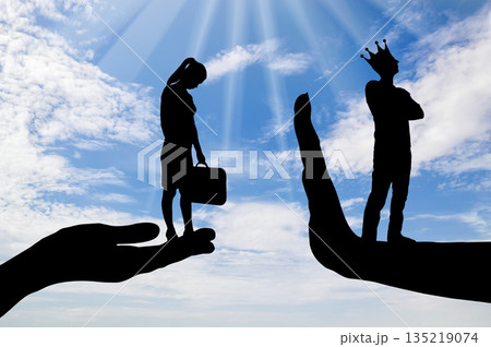 Inequality and sexism. A distressed woman on a begging hand and an arrogant man with a crown standing on the stop hand 135219074