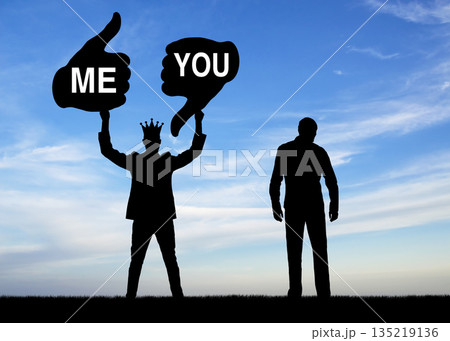 Selfishness. A selfish man with a crown holding a like sign addressed to him and a dislike addressed to another man 135219136