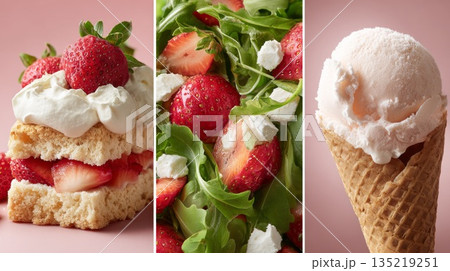 Delicious strawberry dessert collage featuring cake, salad, and ice cream on pink background 135219251