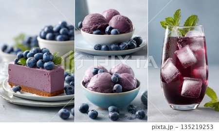 Blueberry dessert collage featuring cheesecake, ice cream, and refreshing beverage with mint Blueberry dessert collage featuring cheesecake, ice cream, and refreshing beverage with mint 135219253