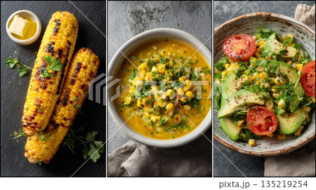 Grilled corn on the cob, corn soup, and fresh salad collage showcasing vibrant summer flavors Grilled corn on the cob, corn soup, and fresh salad collage showcasing vibrant summer flavors 135219254