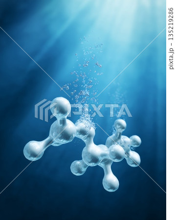 Water molecules floating in a serene underwater environment with bubbles and light rays 135219286