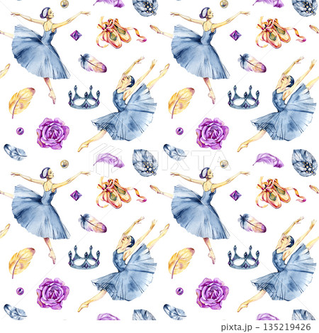 Expressive watercolor seamless pattern with graceful ballet dancers, feathers and jewels. Dynamic yet elegant composition ideal for fashion textiles, wallpapers, packaging, creative branding and 135219426