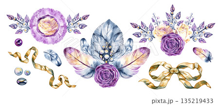 Watercolor ballet emblem set with floral ornaments, feathers, crowns, ribbons and roses. Sophisticated classical aesthetics ideal for luxury stationery, wedding details, fashion prints and refined Watercolor ballet emblem set with floral ornaments, feathers, crowns, ribbons and roses. Sophisticated classical aesthetics ideal for luxury stationery, wedding details, fashion prints and refined 135219433