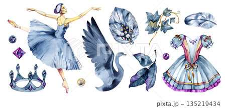 Elegant watercolor ballet set featuring classical ballet dress, pointe shoes, royal crown, decorative elements and soft pastel accents. Perfect for dance projects, invitations, branding, stationery 135219434