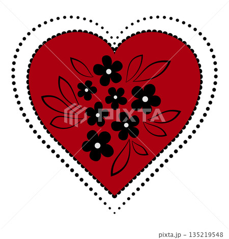Classic red heart on white background. Heart with black flowers. Romantic design greeting card without text. Black flowers on red background 135219548