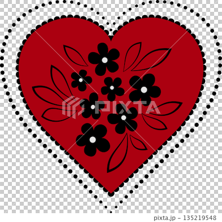 Classic red heart on white background. Heart with black flowers. Romantic design greeting card without text. Black flowers on red background 135219548