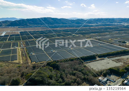 冬の岡山県牛窓 錦海塩田跡地に広がる国内最大級の瀬戸内Kirei太陽光発電所空撮 135219564