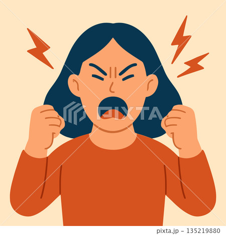 Angry woman screaming with clenched fists and lightning around Angry woman screaming with clenched fists and lightning around 135219880